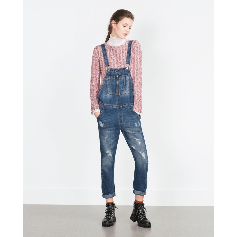 Zara Trafaluc Distressed Denim Overalls XS